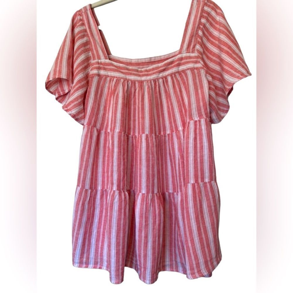 Terra and Sky Striped White and Rustic Red Flowy Top